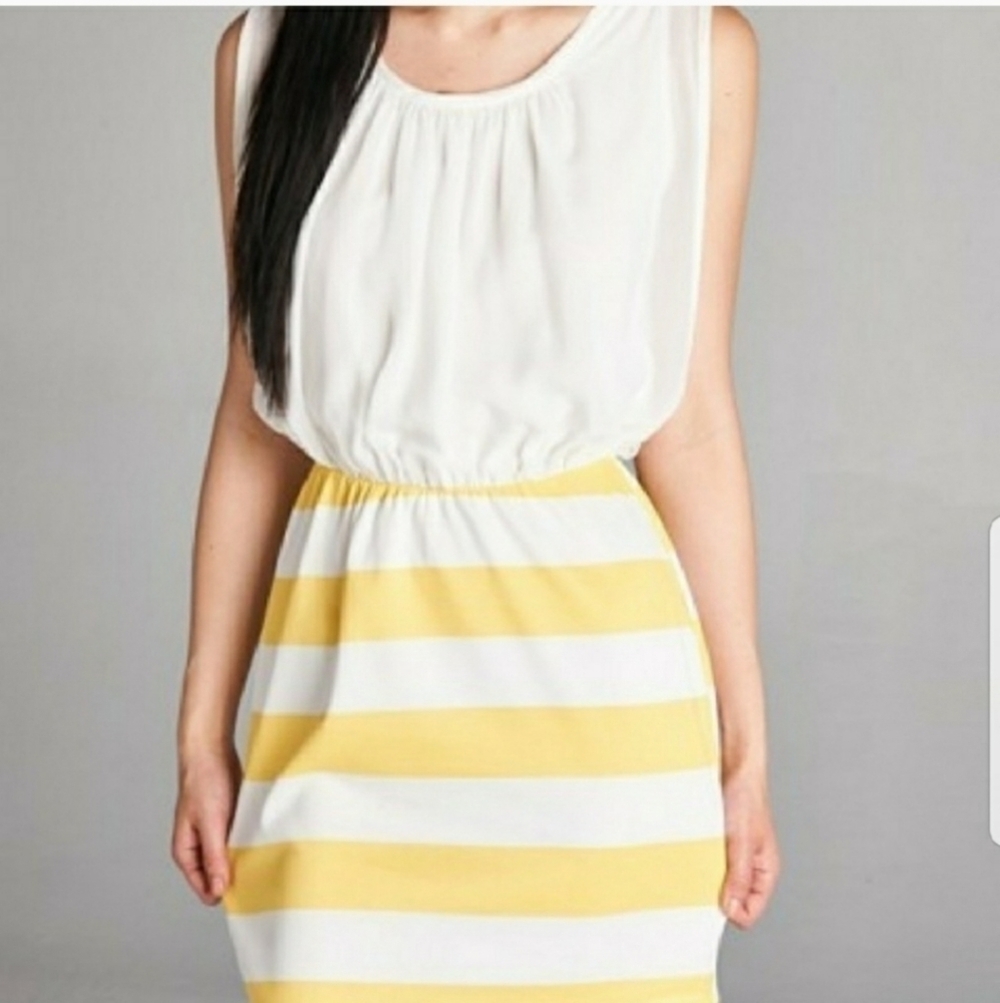 Yellow and White Striped Scuba Sleeveless Blouson Dress